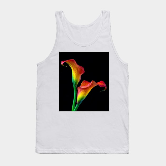 Two Red And Yellow Calla Lillies With Dew Tank Top by photogarry